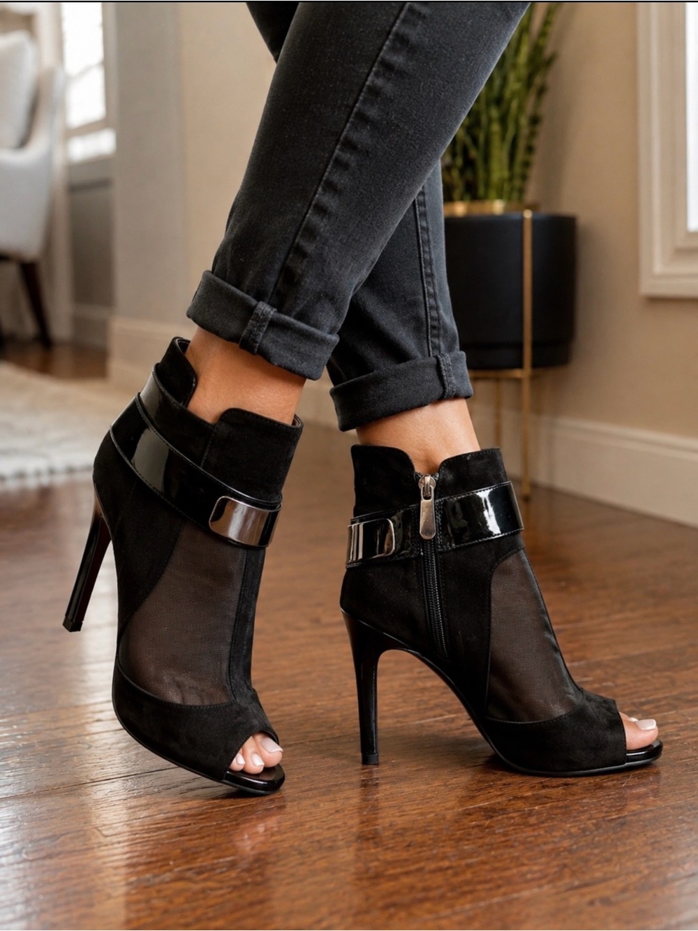 Guess Black Mesh & Suede Peep-Toe Stiletto Ankle Booties